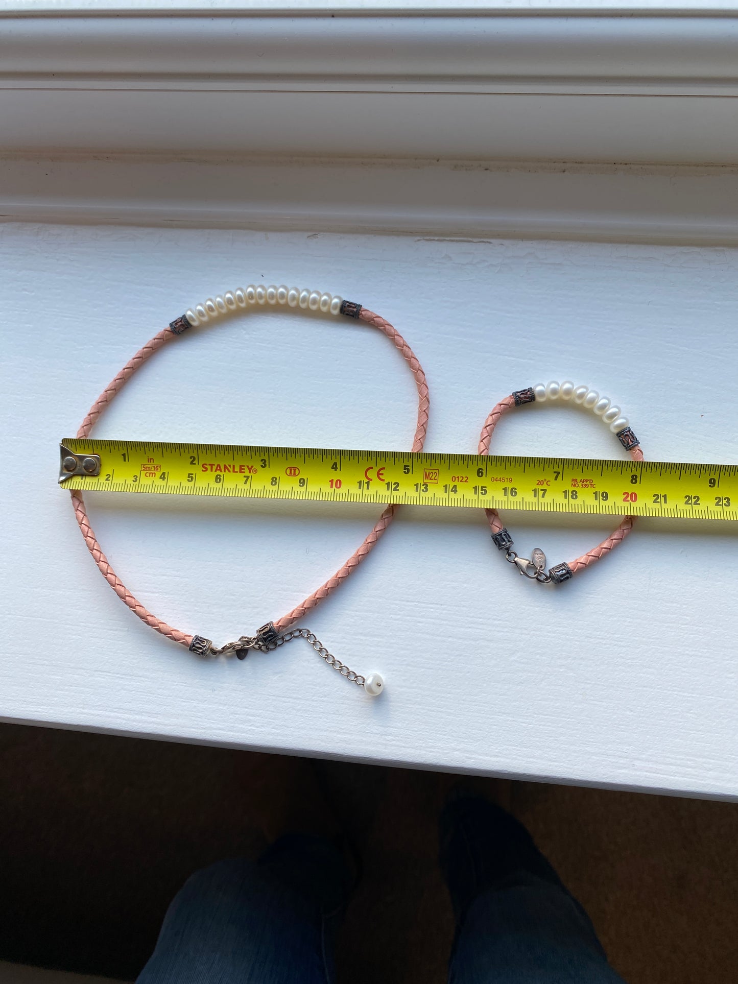 Pink Leather & Pearl Necklace, Bracelet & Earring Set