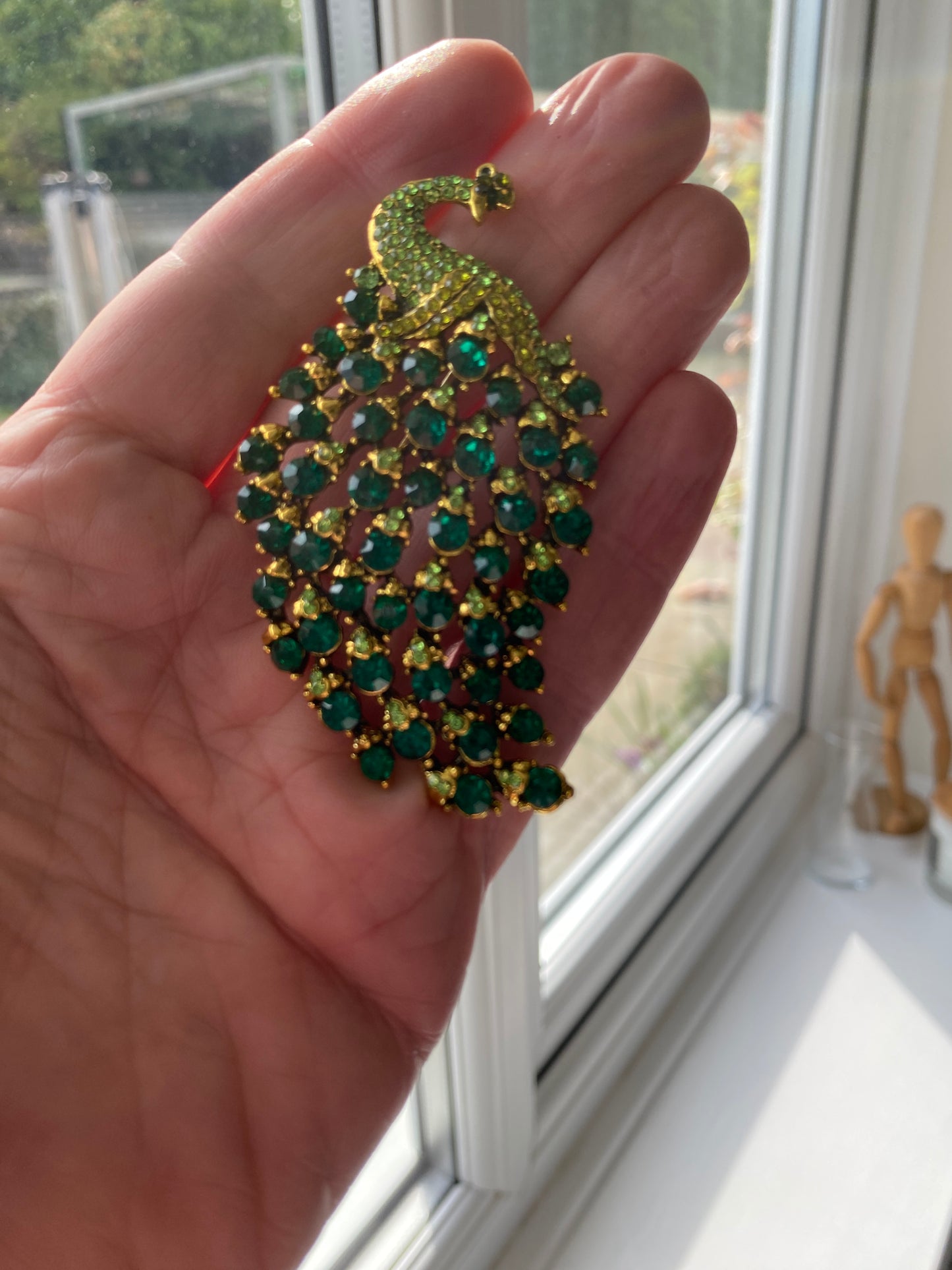 Green Rhinestone Crystal Peacock Brooch