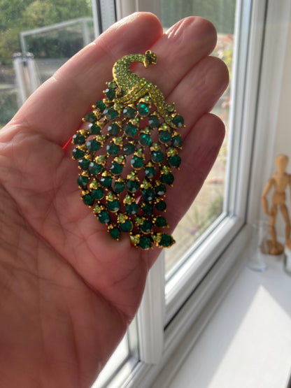 Green Rhinestone Crystal Peacock Brooch