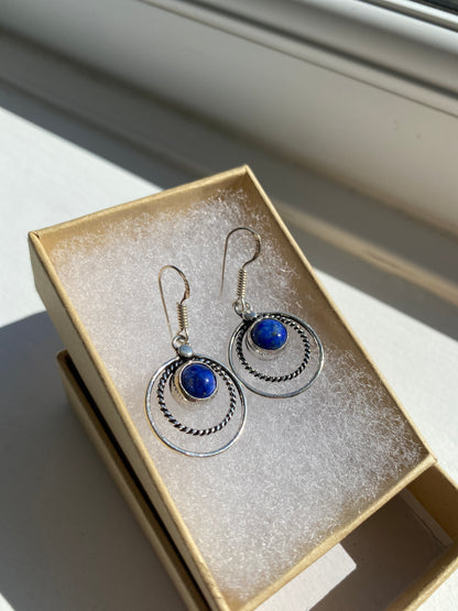 Blue Lapis Silver Circle Earrings