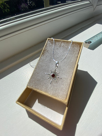 Garnet & White Topaz Starburst Silver Pendant Necklace