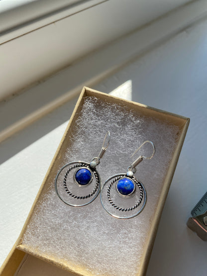 Blue Lapis Silver Circle Earrings