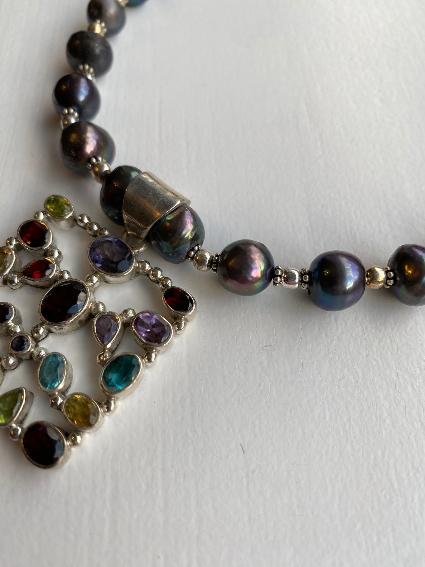 Stone Studded Silver Pendant on Tahitian Black Pearl
