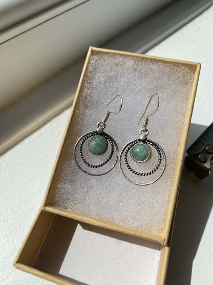 Aventurine Silver Twisted Circle Earrings