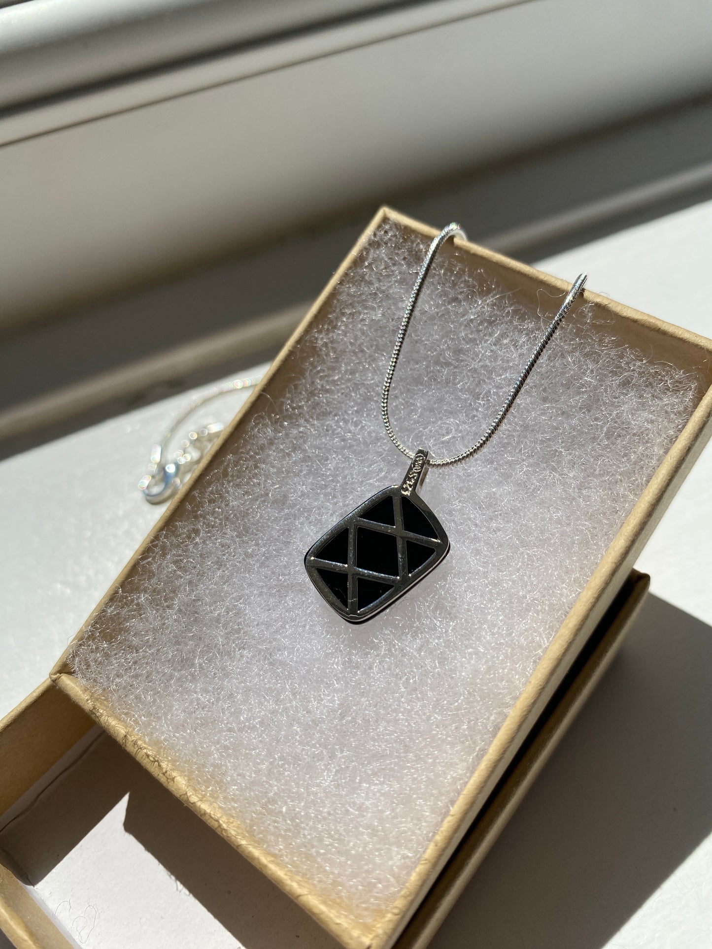 Black Onyx & Silver Criss Cross Pendant
