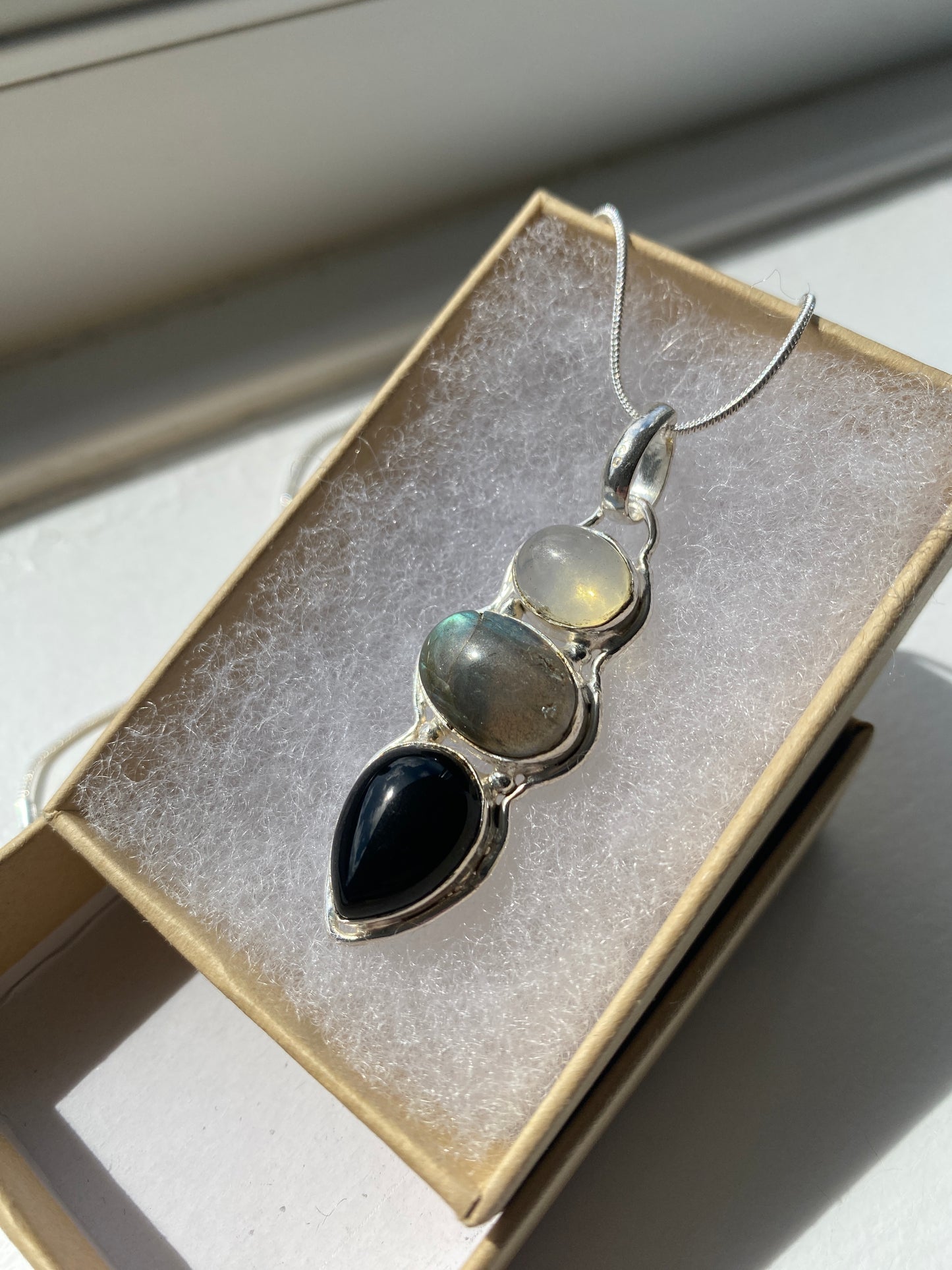 Opalite, Labradorite & Black Onyx Teardrop Pendant