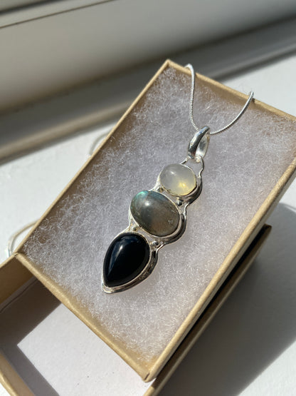 Opalite, Labradorite & Black Onyx Teardrop Pendant