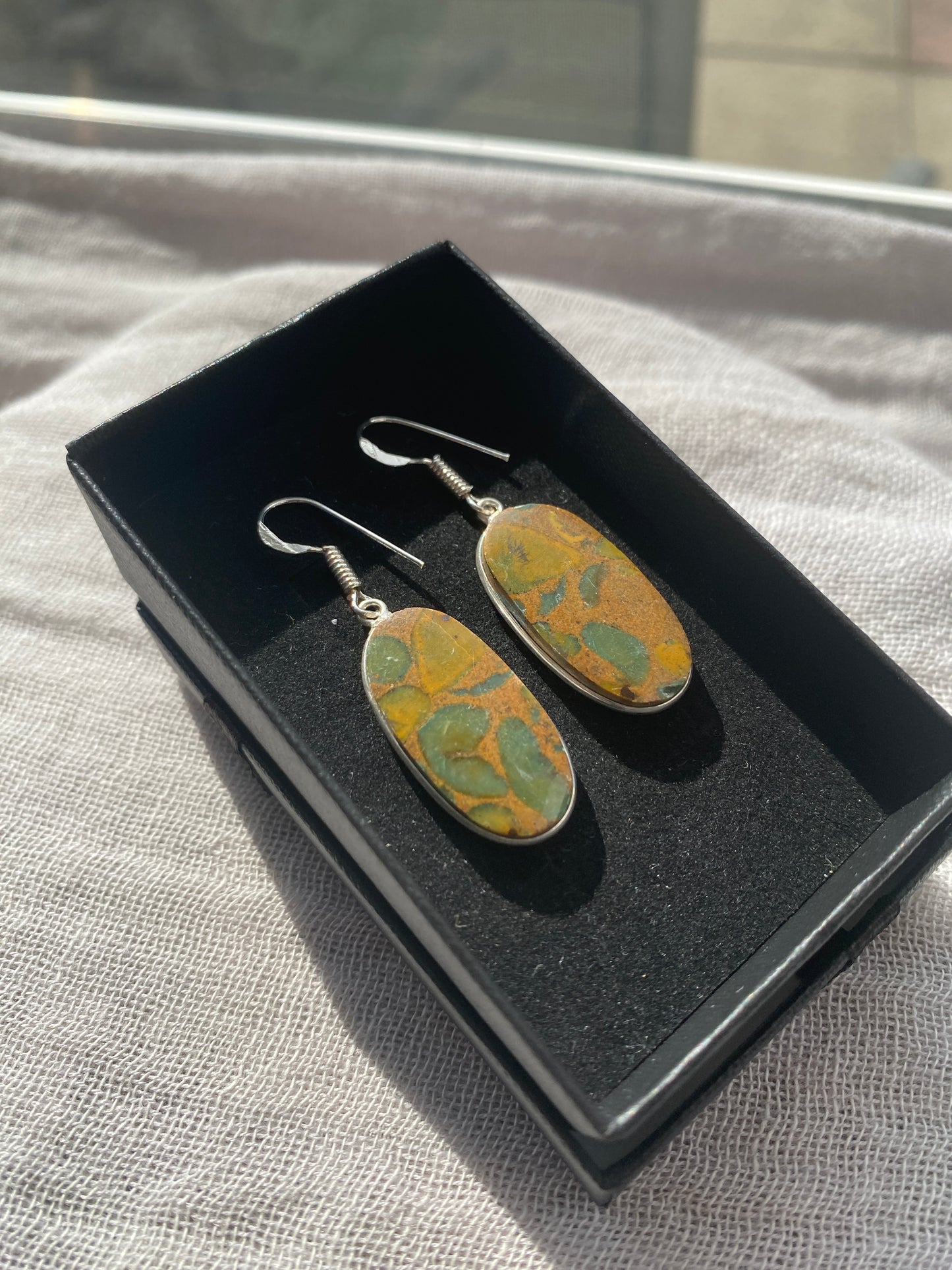Oval Rainforest Jasper Silver Drop Earrings