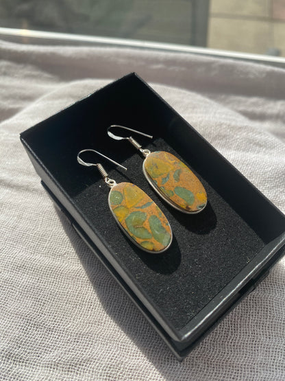 Oval Rainforest Jasper Silver Drop Earrings