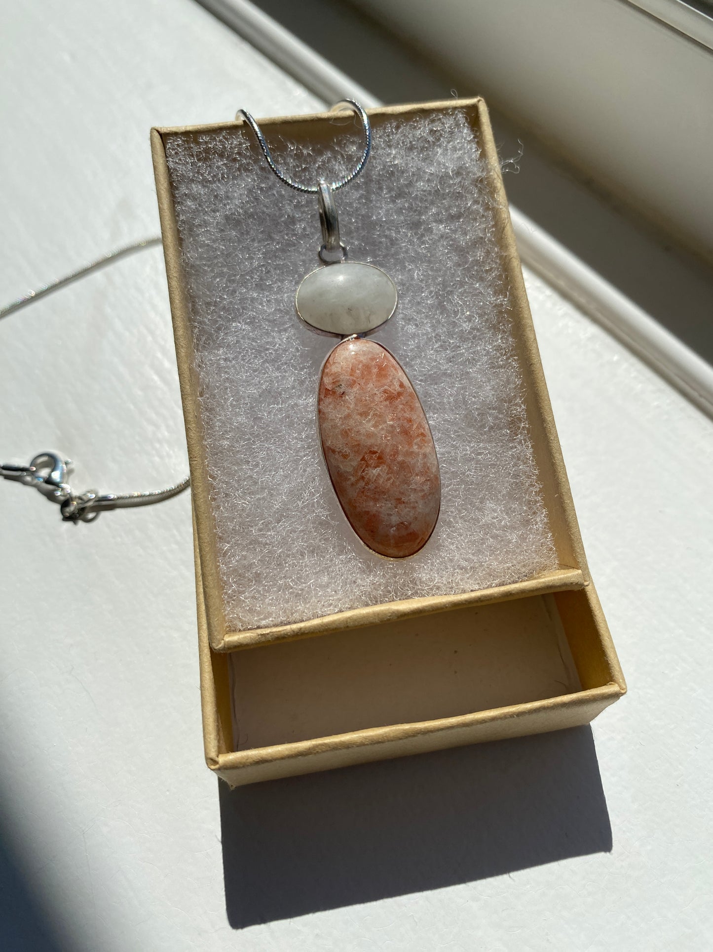 Moonstone over Pink Jasper Stone Pendant Necklace