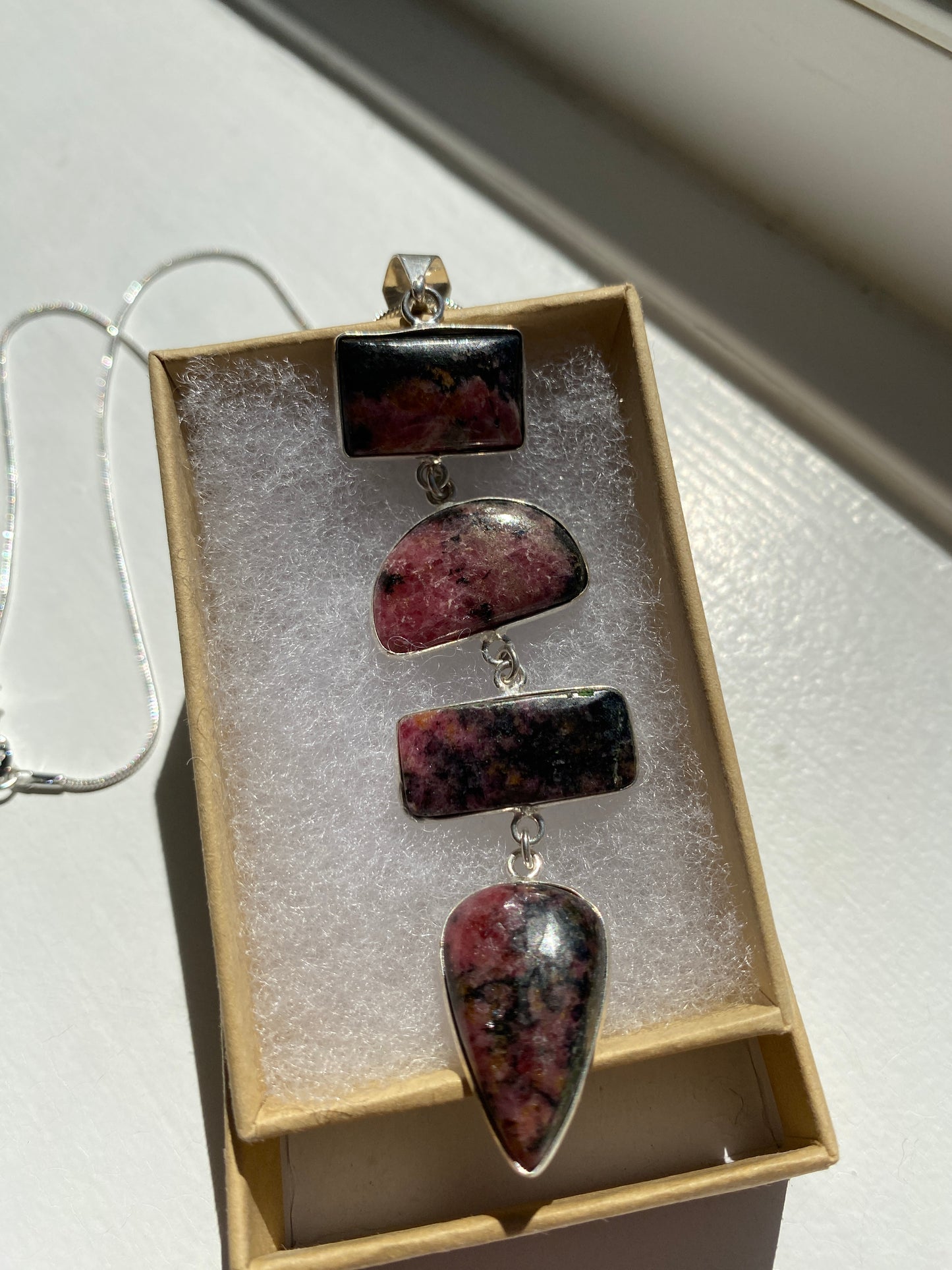 Rhodonite Pendant on Silver Necklace Chain