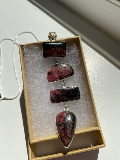 Rhodonite Pendant on Silver Necklace Chain