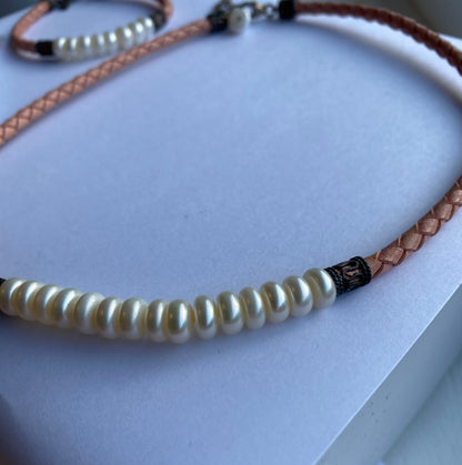 Pink Leather & Pearl Necklace, Bracelet & Earring Set