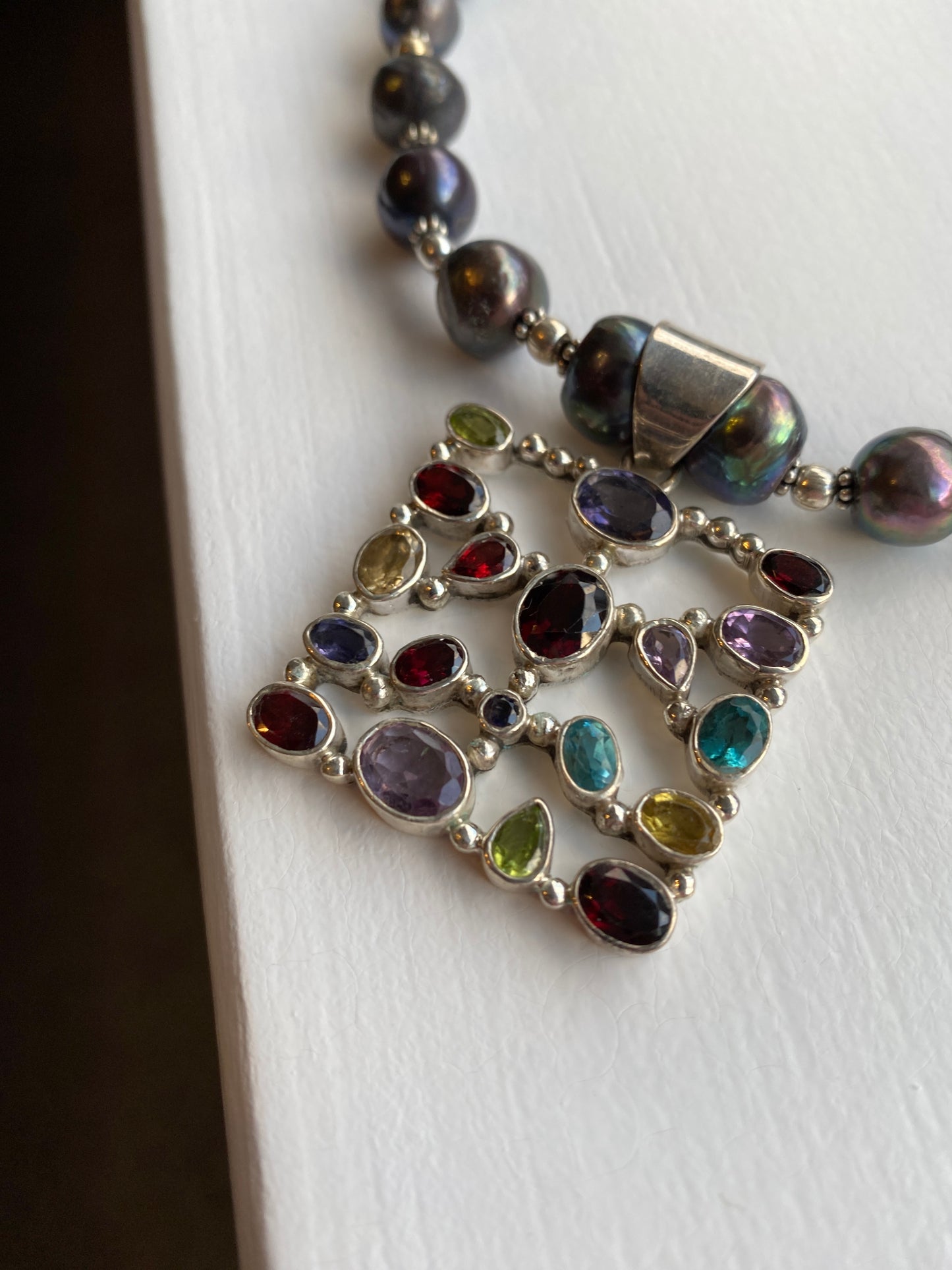 Stone Studded Silver Pendant on Tahitian Black Pearl