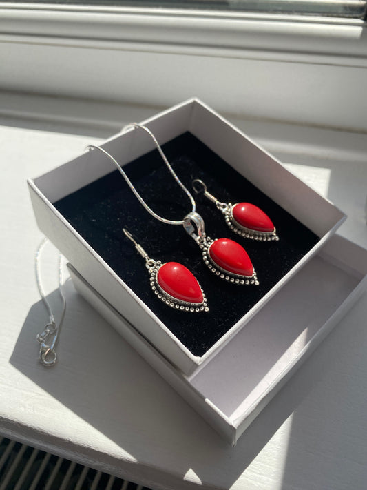 Red Coral Necklace & Earring Set