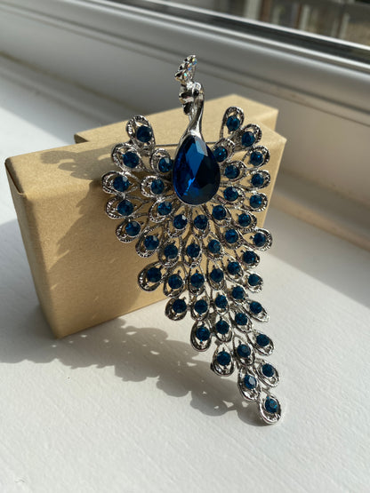 Blue Rhinestone Crystal Peacock Brooch