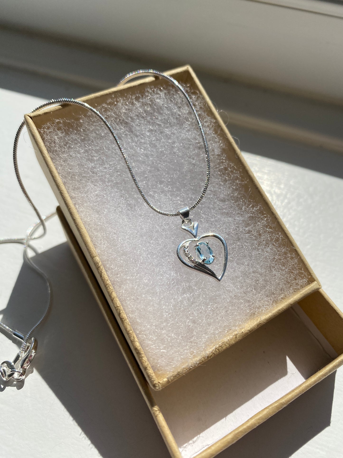 Moissanite Diamond & Blue Topaz Silver Heart Pendant Necklace