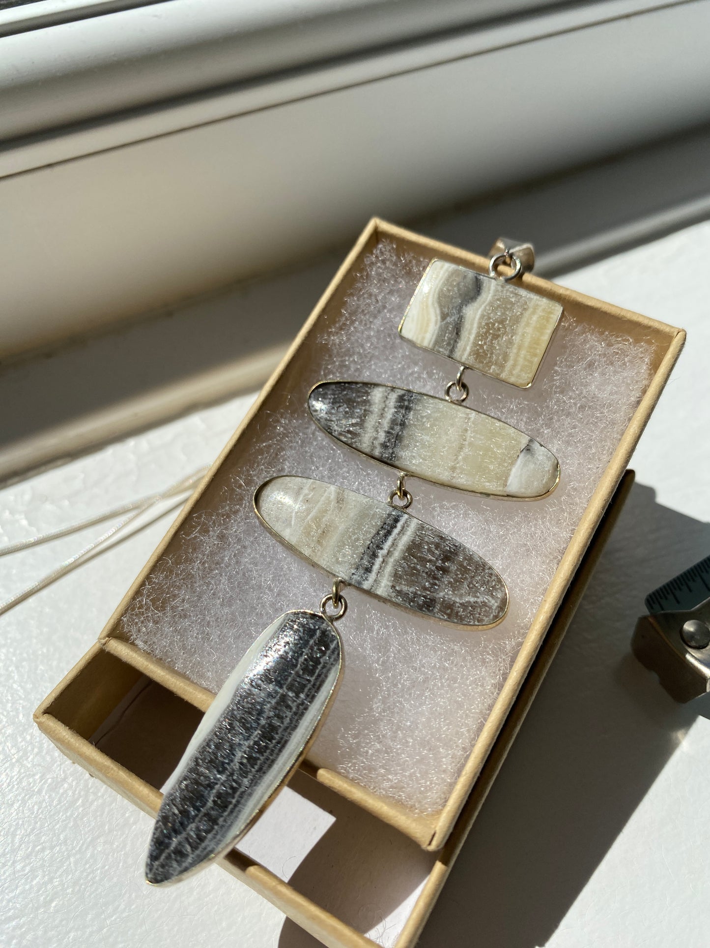Creamy Grey Banded Agate Stone Pendant Necklace