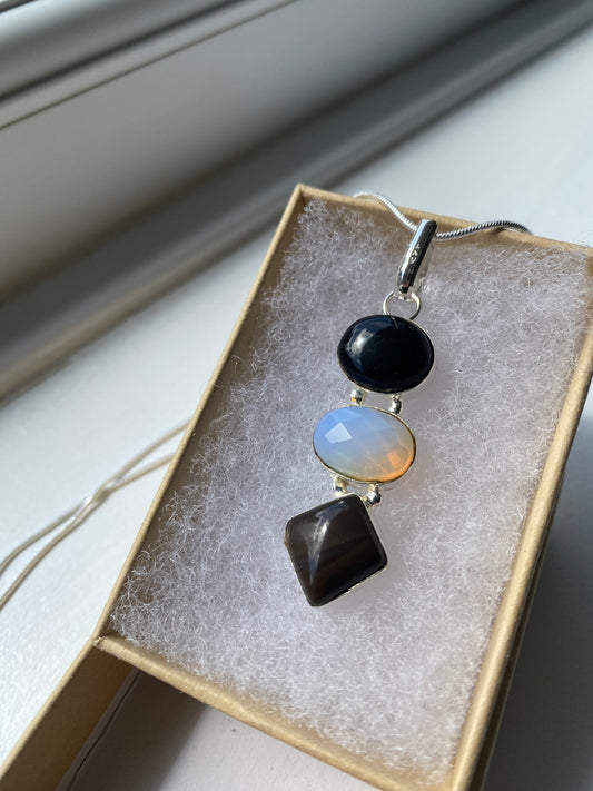 Black Onyx, Moonstone and Smoky Quartz Pendant
