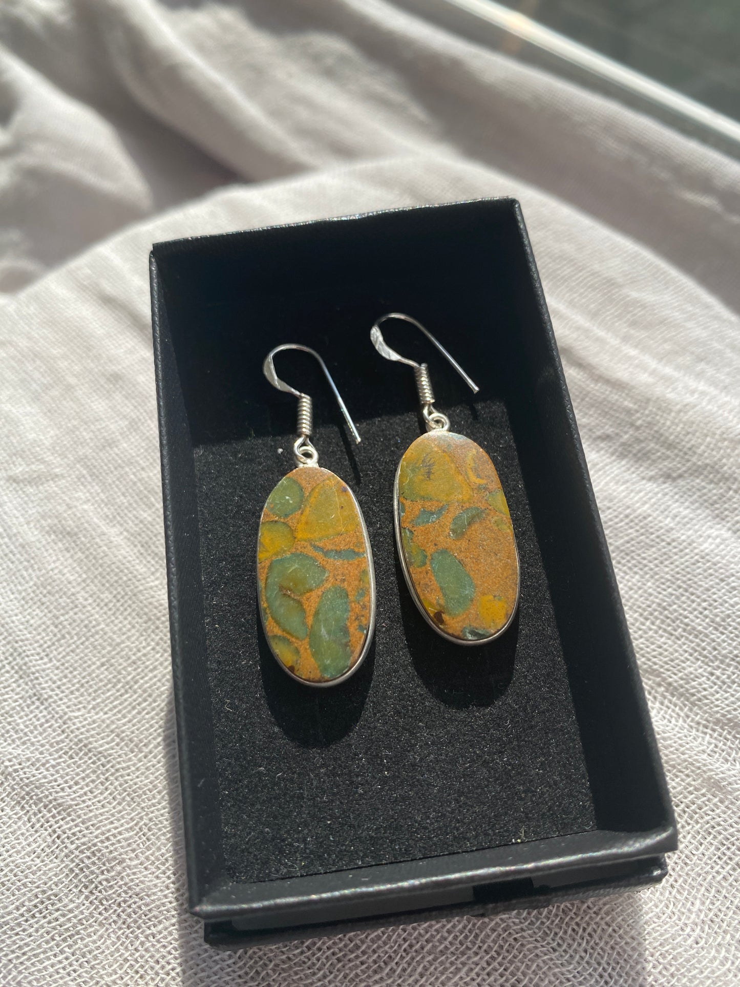 Oval Rainforest Jasper Silver Drop Earrings