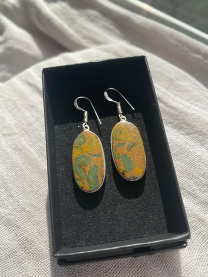 Oval Rainforest Jasper Silver Drop Earrings