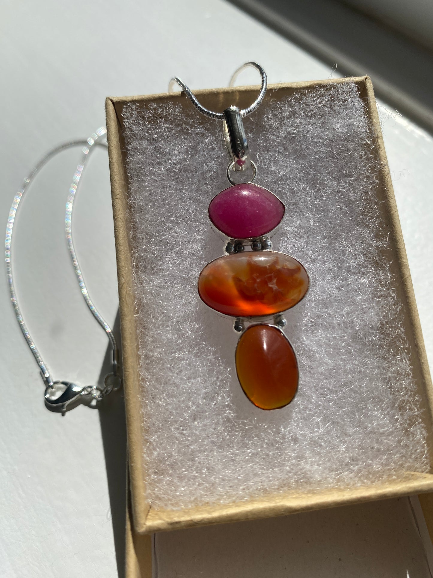 Pink Quartz and Carnelian Pendant Necklace