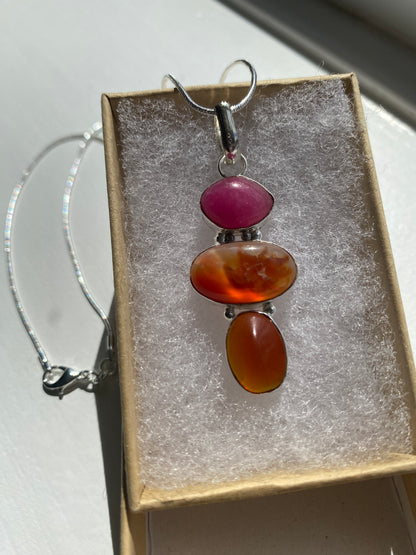 Pink Quartz and Carnelian Pendant Necklace