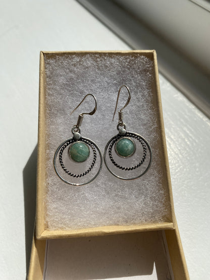 Aventurine Silver Twisted Circle Earrings