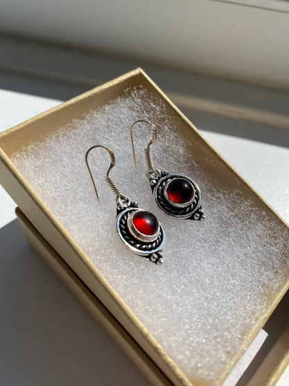 Vintage Style Garnet Glass Silver Drop Earrings