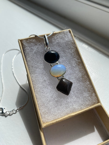 Black Onyx, Moonstone and Smoky Quartz Pendant