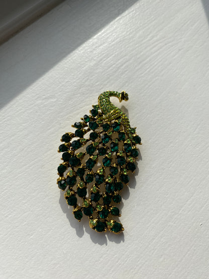 Green Rhinestone Crystal Peacock Brooch