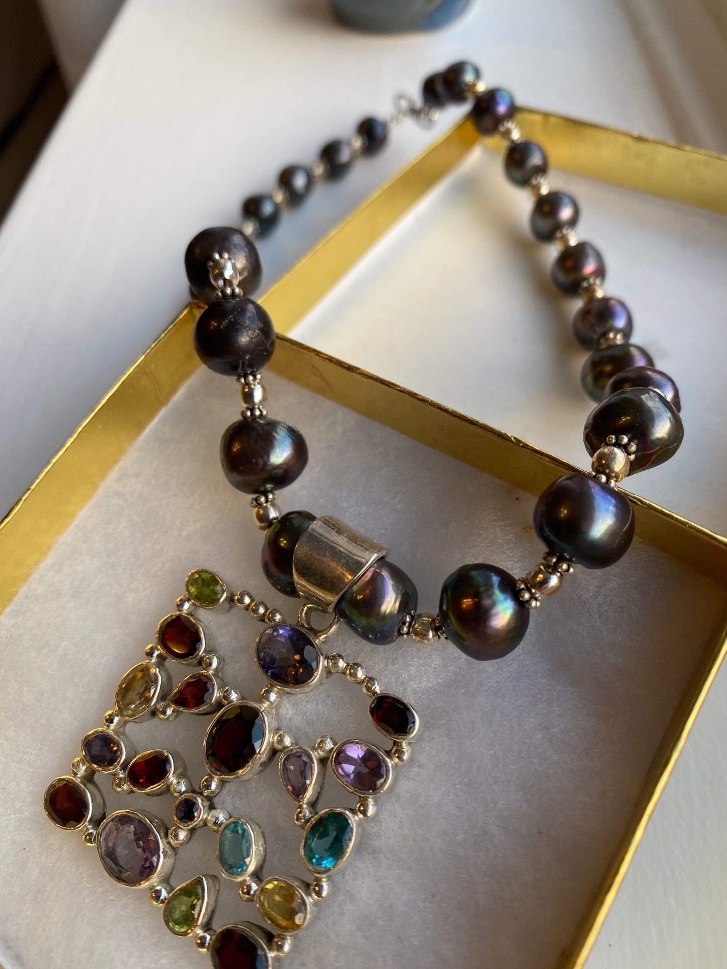 Stone Studded Silver Pendant on Tahitian Black Pearl