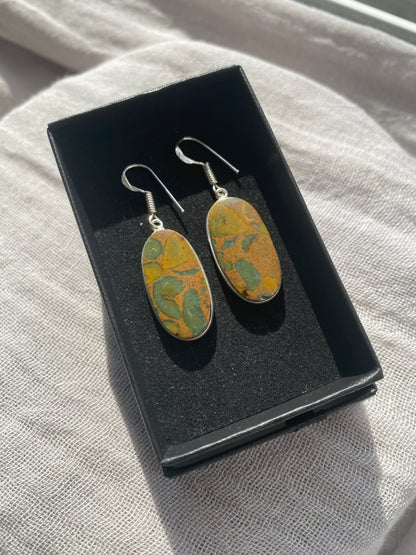 Oval Rainforest Jasper Silver Drop Earrings