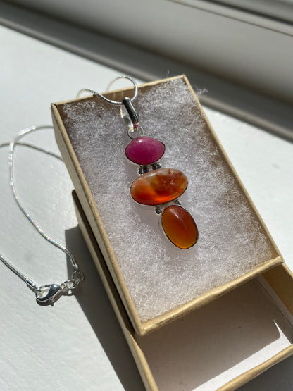 Pink Quartz and Carnelian Pendant Necklace