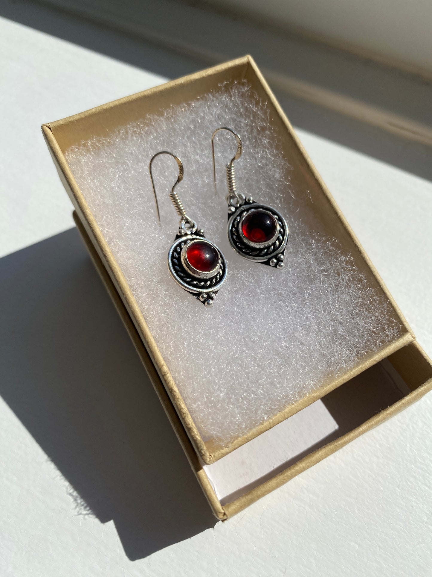 Vintage Style Garnet Glass Silver Drop Earrings
