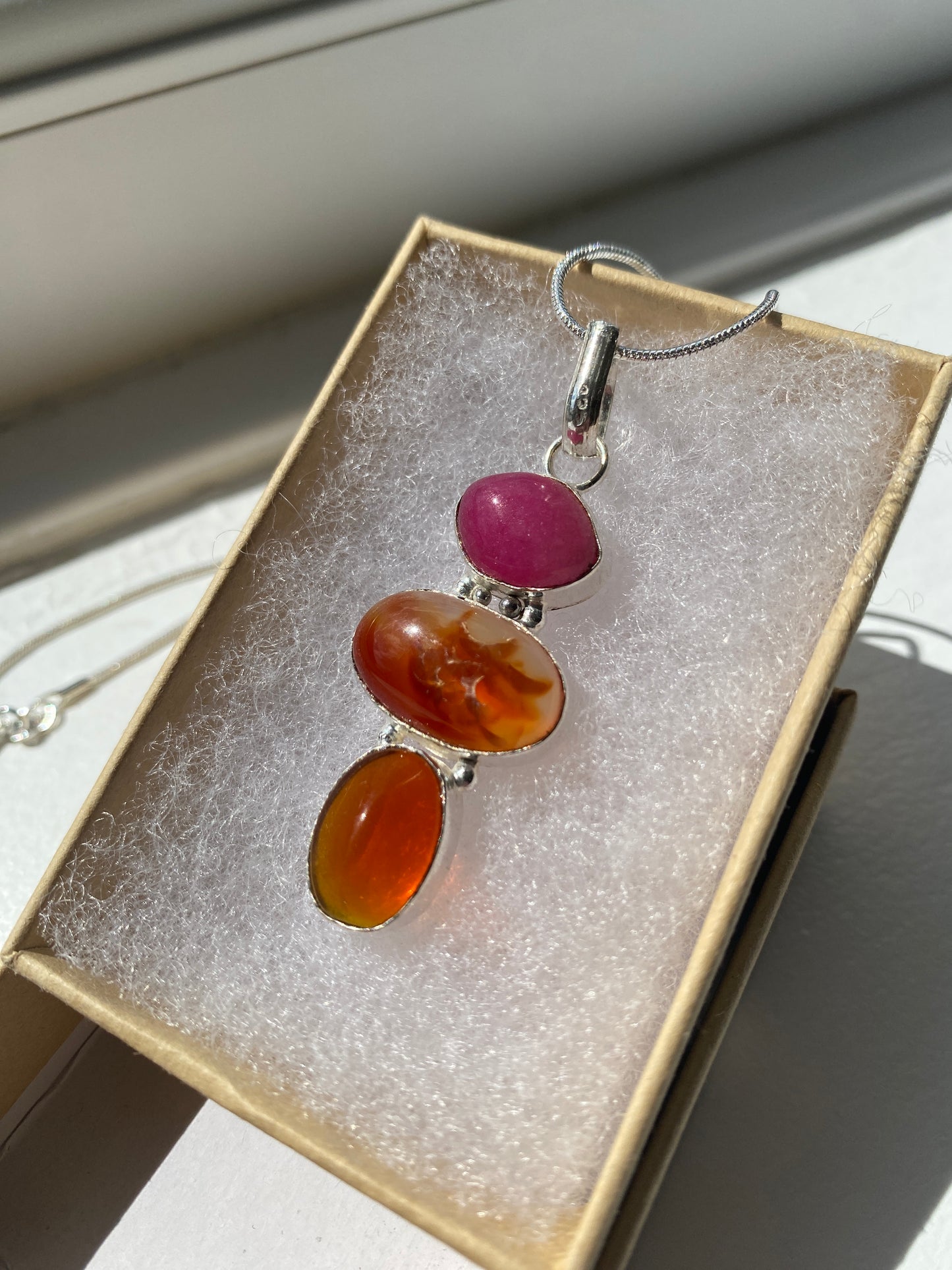 Pink Quartz and Carnelian Pendant Necklace