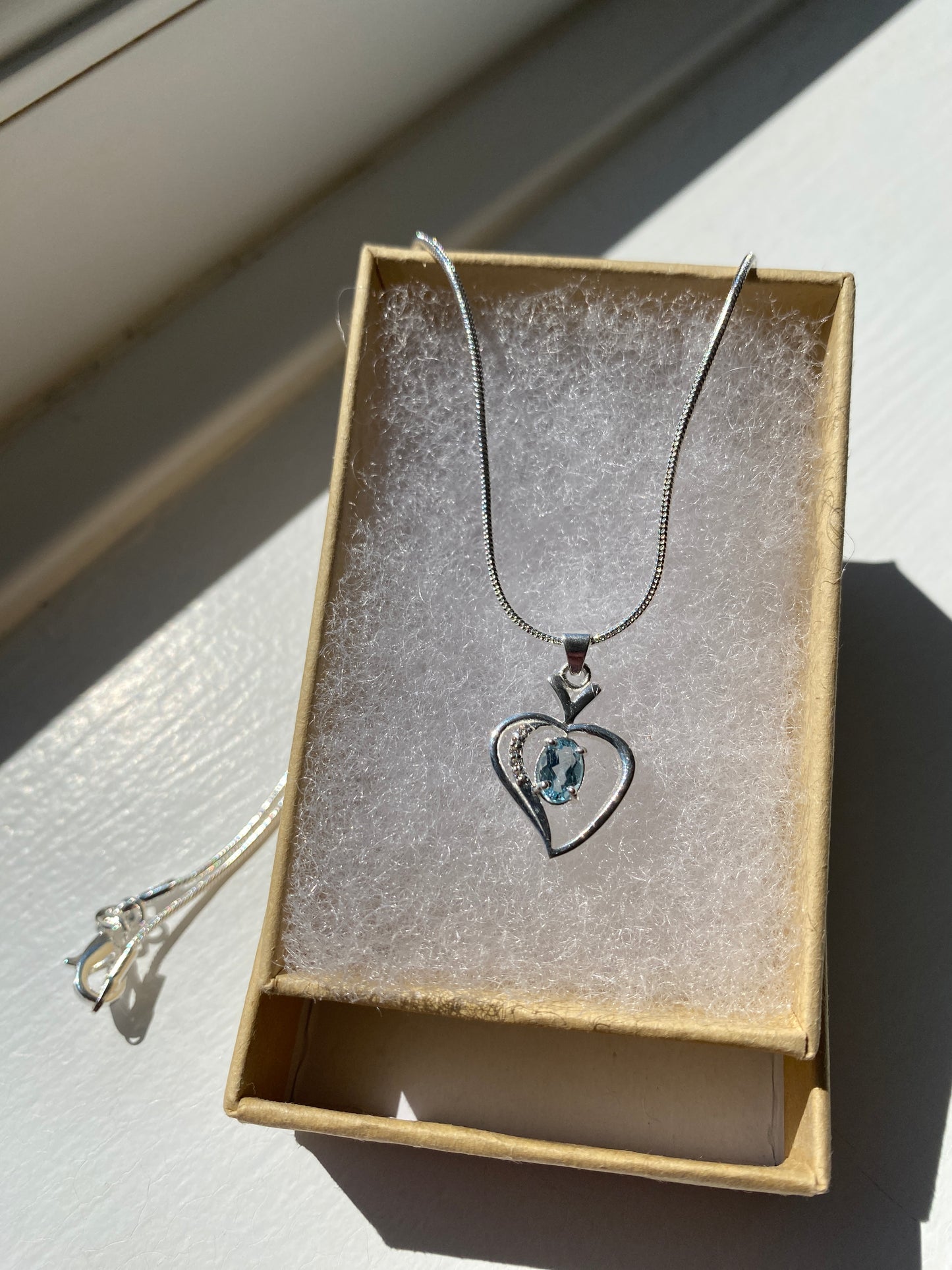 Moissanite Diamond & Blue Topaz Silver Heart Pendant Necklace