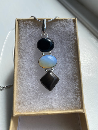 Black Onyx, Moonstone and Smoky Quartz Pendant