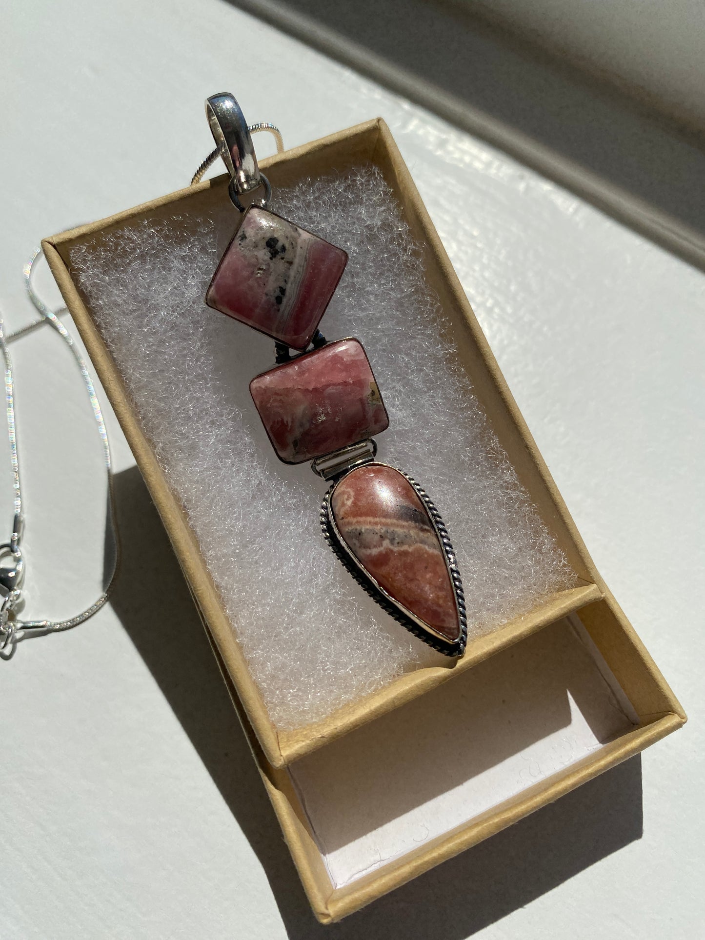 Rhodonite Triple‑Stone Pendant Necklace