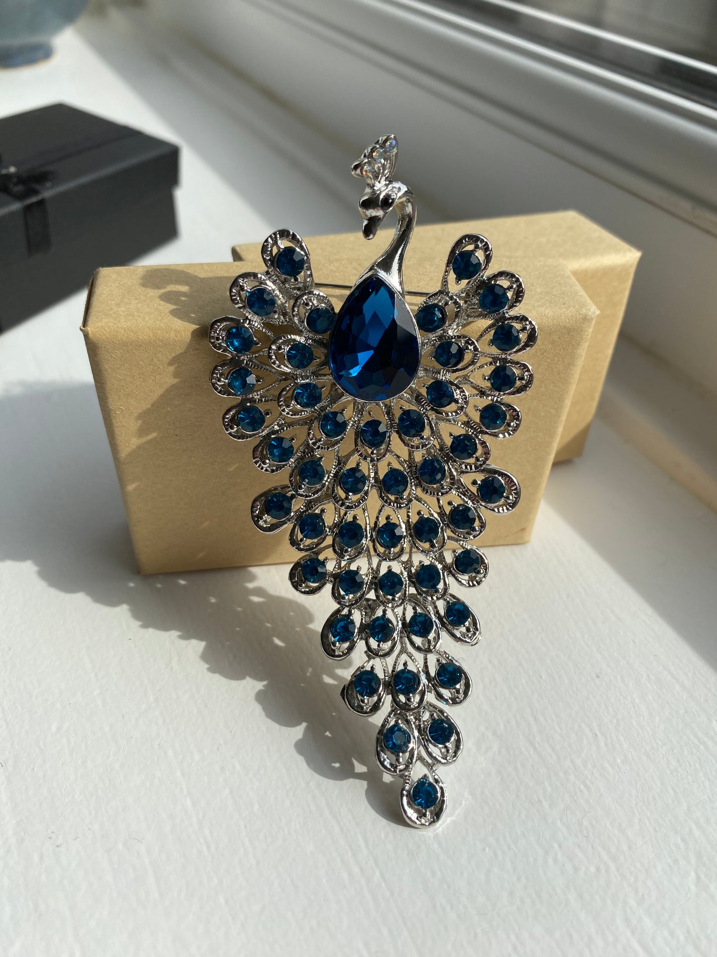 Blue Rhinestone Crystal Peacock Brooch