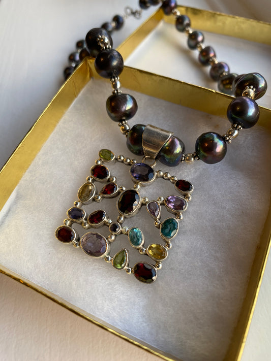 Stone Studded Silver Pendant on Tahitian Black Pearl