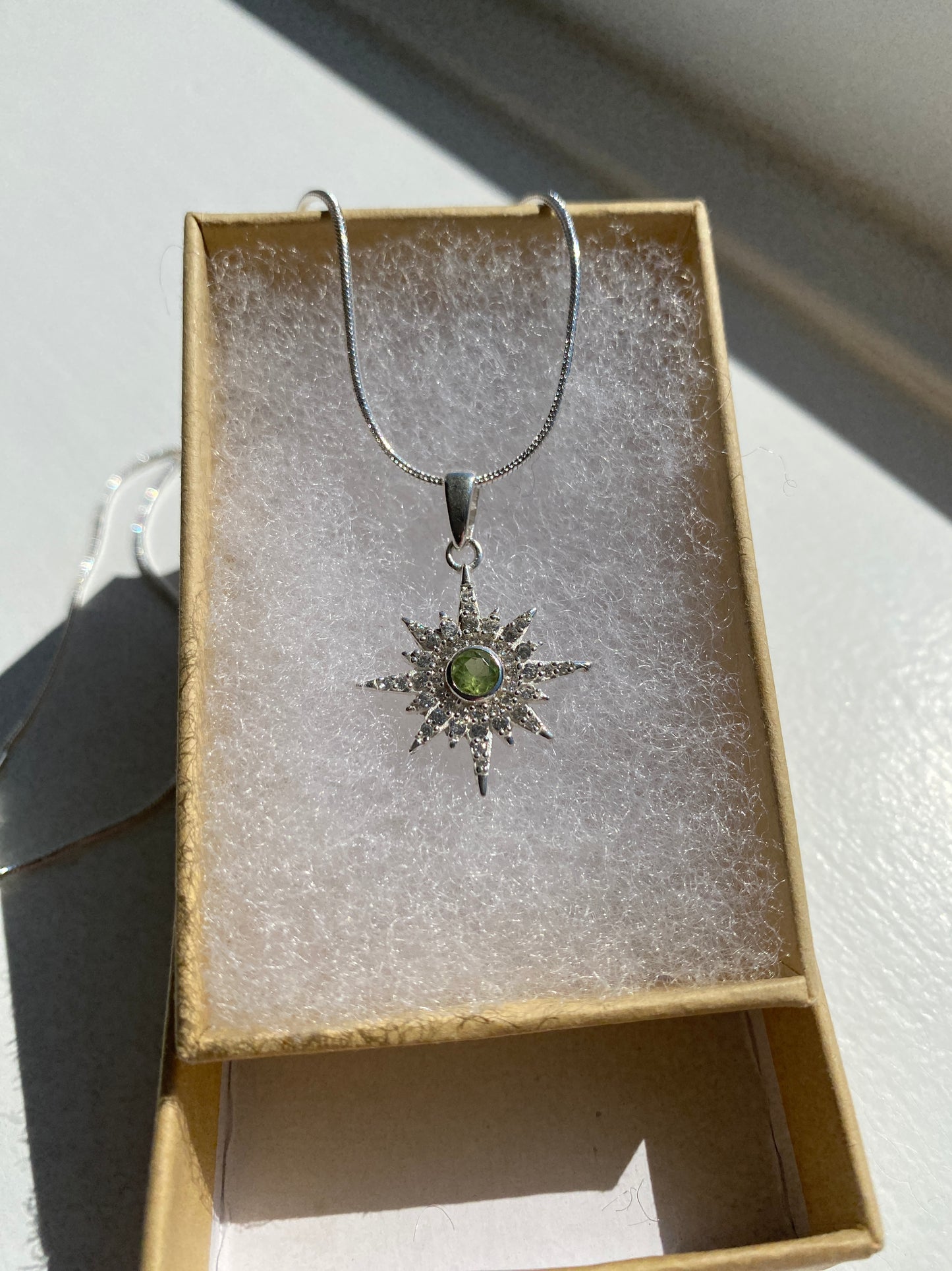 Peridot & White Topaz Starburst Silver Pendant Necklace