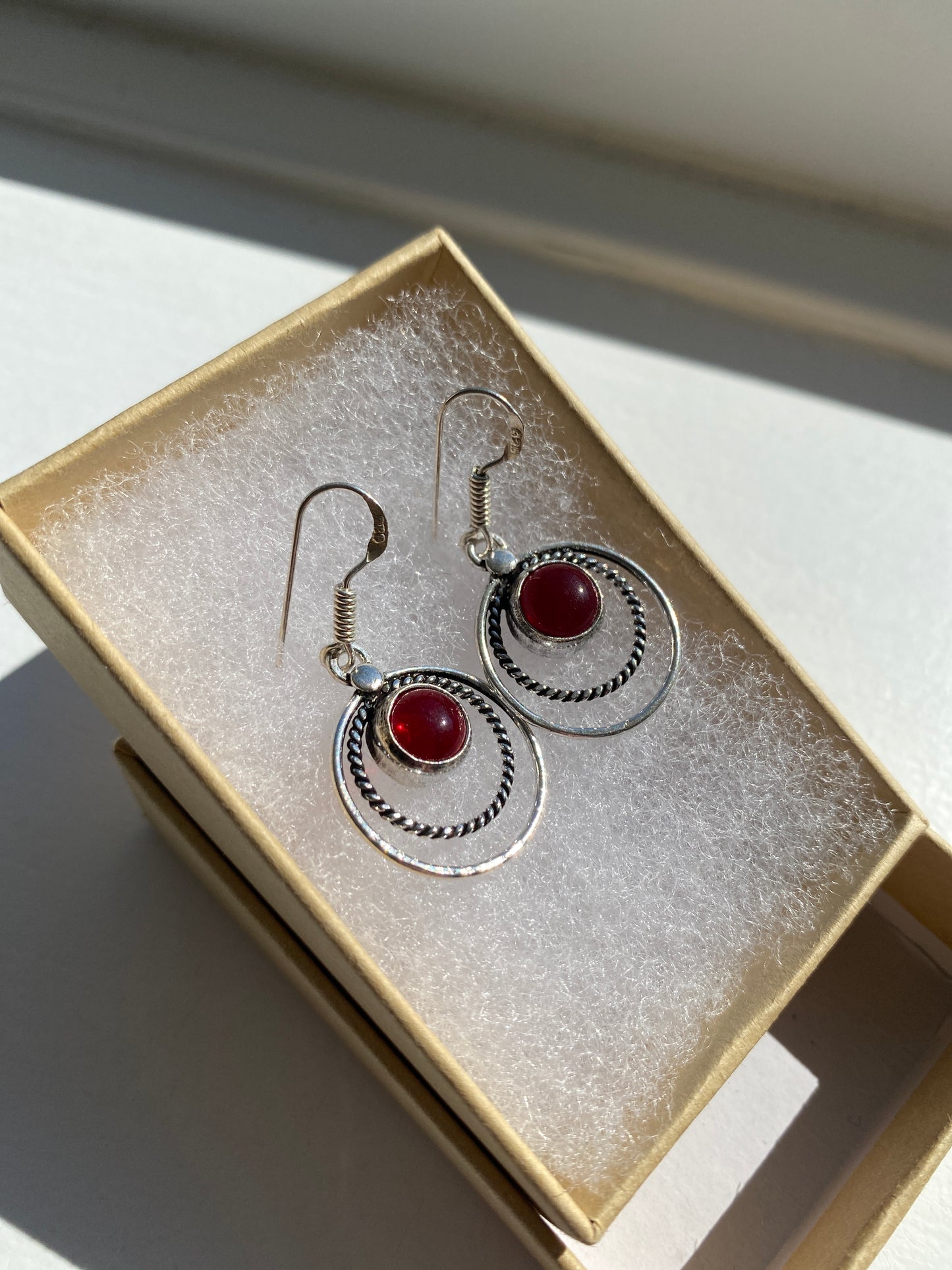 Silver Circle Garnet Earrings