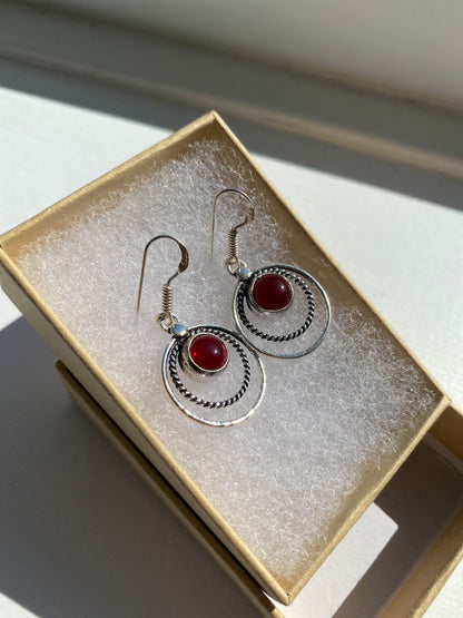 Silver Circle Garnet Earrings