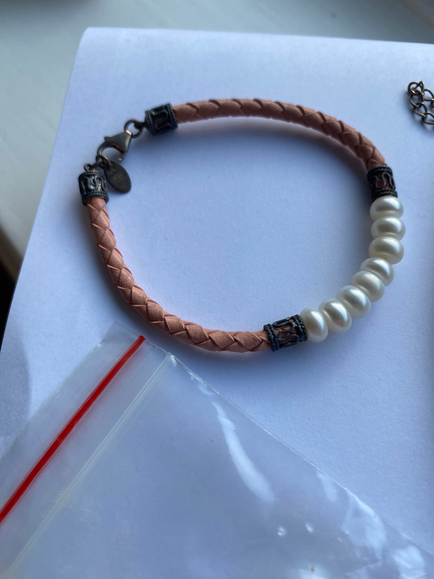 Pink Leather & Pearl Necklace, Bracelet & Earring Set