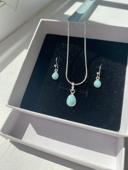 Sea Blue Larimar Silver Necklace and Earring Set