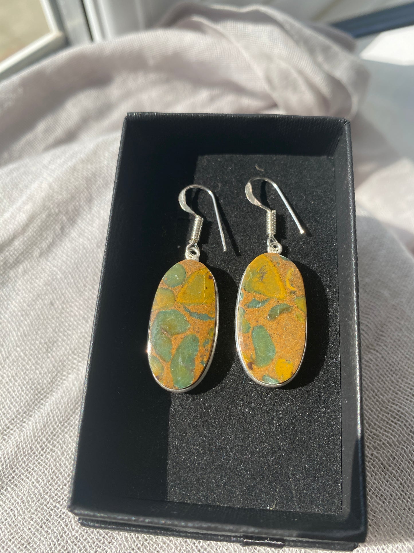 Oval Rainforest Jasper Silver Drop Earrings