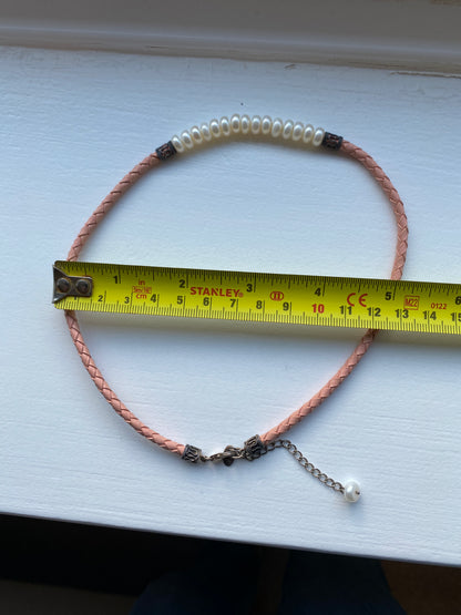 Pink Leather & Pearl Necklace, Bracelet & Earring Set