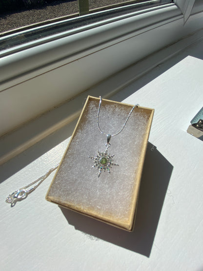 Peridot & White Topaz Starburst Silver Pendant Necklace