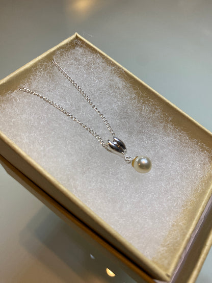 Silver Coffee Bean Pearl Drop Pendant Necklace